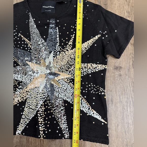 Michael Simon • Sequin Star Knit Short Sleeve Sweater - Picture 5 of 15